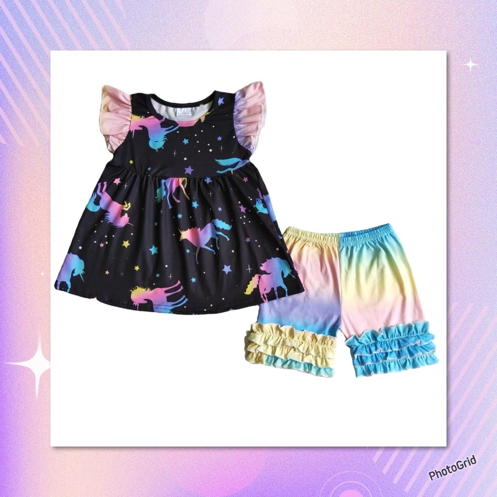 NEW Unicorn Tie Dye Boutique Shirt & Shorts Ruffles Girls Size: 5/6